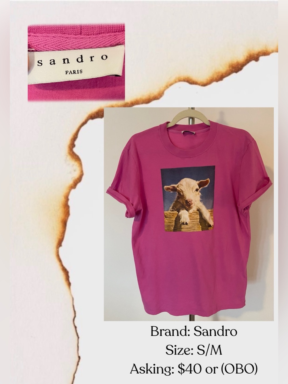Sandro Paris Hot Pink Tee with Lamb Print